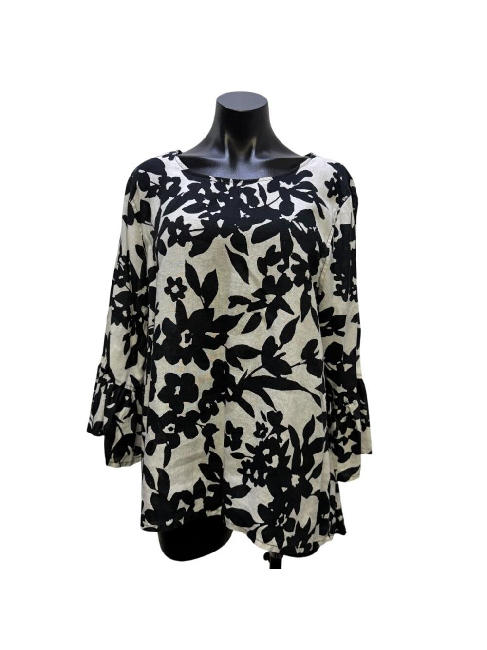 John Mark Linen Floral Print Blouse Black & White XL